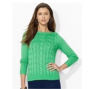 NEW! Lauren Ralph Lauren Green Cable Knit Boat Neck Sweater Cotton Blend Small